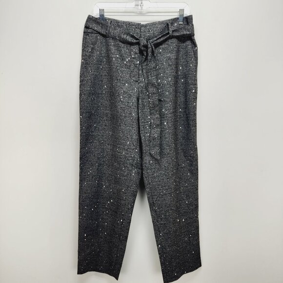 LOFT Womens Size 12 Black Sequin-Embellished Cropped Pants With Tie Waist - Picture 5 of 10